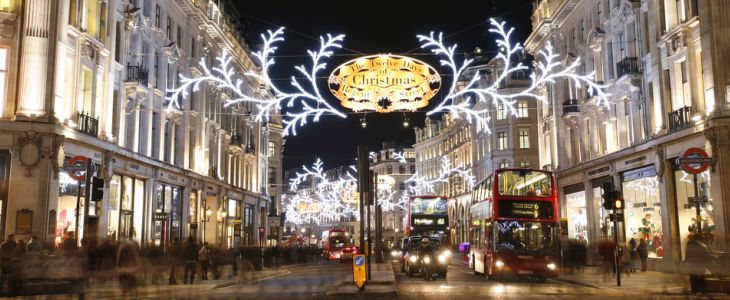 Wide  shot of a street in London full of Christmas decoration