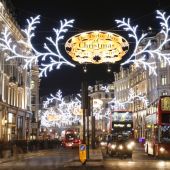 Wide  shot of a street in London full of Christmas decoration